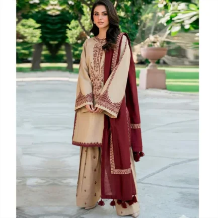 3 Pcs Women Embroidered Lawn Suit Brown Eid Shaadi