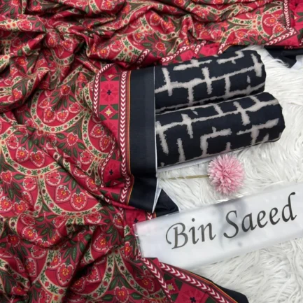 3 Pcs Women Printed Lawn Suit Black Eid Ramadan