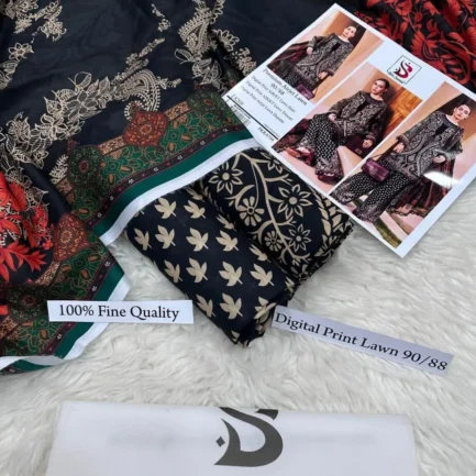 3 Pcs Women Printed Lawn Suit Black Eid Ramadan