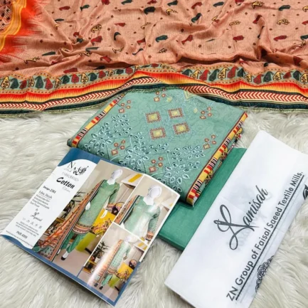 3 Pcs Women Embroidered Cotton Lawn Suit Green Eid Ramadan