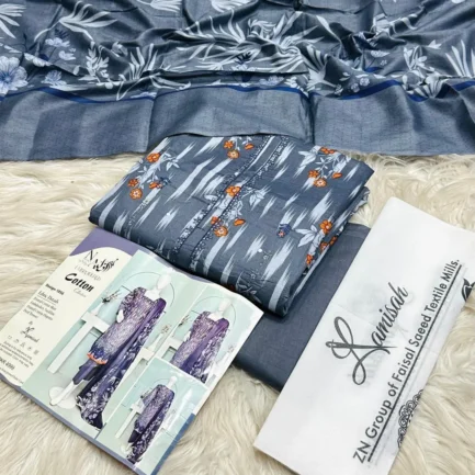 3 Pcs Women's Embroidered Cotton Lawn Suit Grey Eid Ramadan