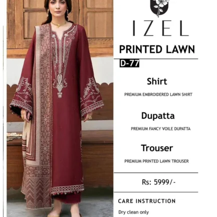 Maroon Embroidered Lawn 3Pcs Women Suit with Dupatta