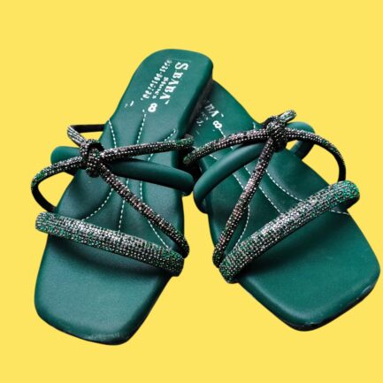 Women Green Satin Rhinestone Strap Flats