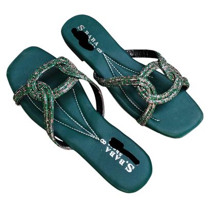 Green Rhinestone Satin Women's Formal Flats