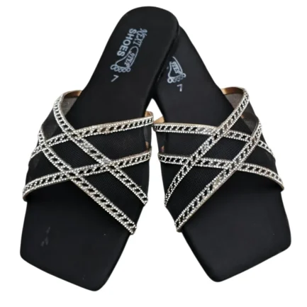 Black Satin Rhinestone Women's Fancy Slides