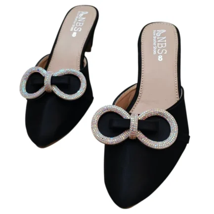 Black Rhinestone Bow Heels Women
